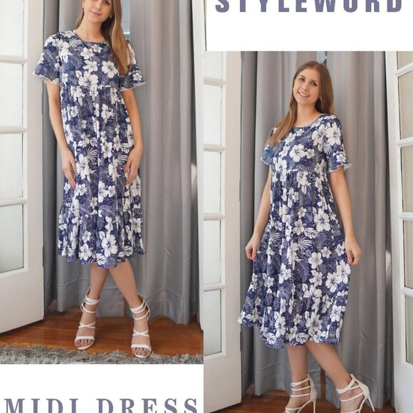 Women's Summer 2025 Casual Short Sleeve Tiered Flowy Spring Dress Long Midi Beac - Picture 3 of 7